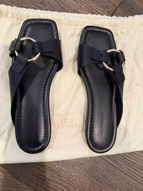 Ulla Johnson Anya Black Leather Gold Ring-Accent Slide Sandals